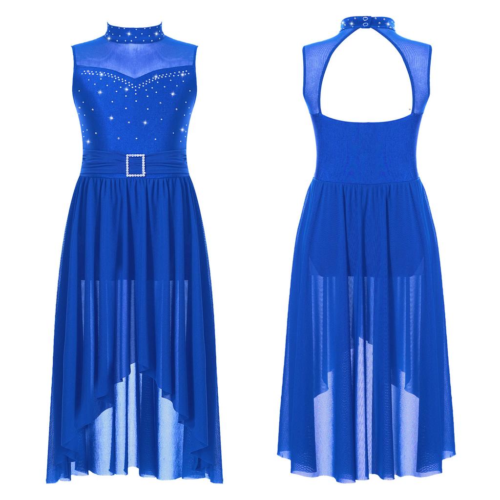 Girls Rhinestone Lyrical Modern Dance Dress Sleeveless Back Hollow High Low Hem Built In Briefs Dance Leotard Dress for Kids