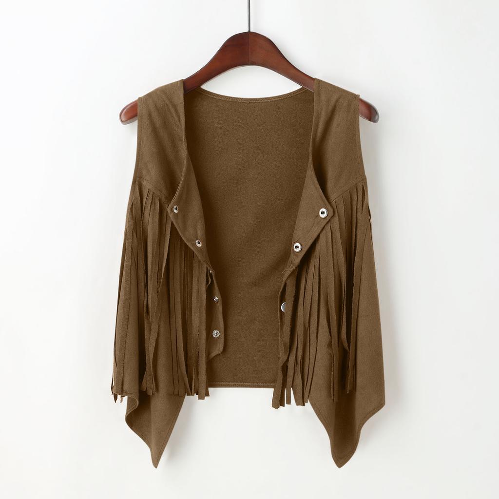 Dames Vest Kort Casual met Franjes en Knopen: Effen kleur, Slim fit, Kraag met halve knoopsluiting