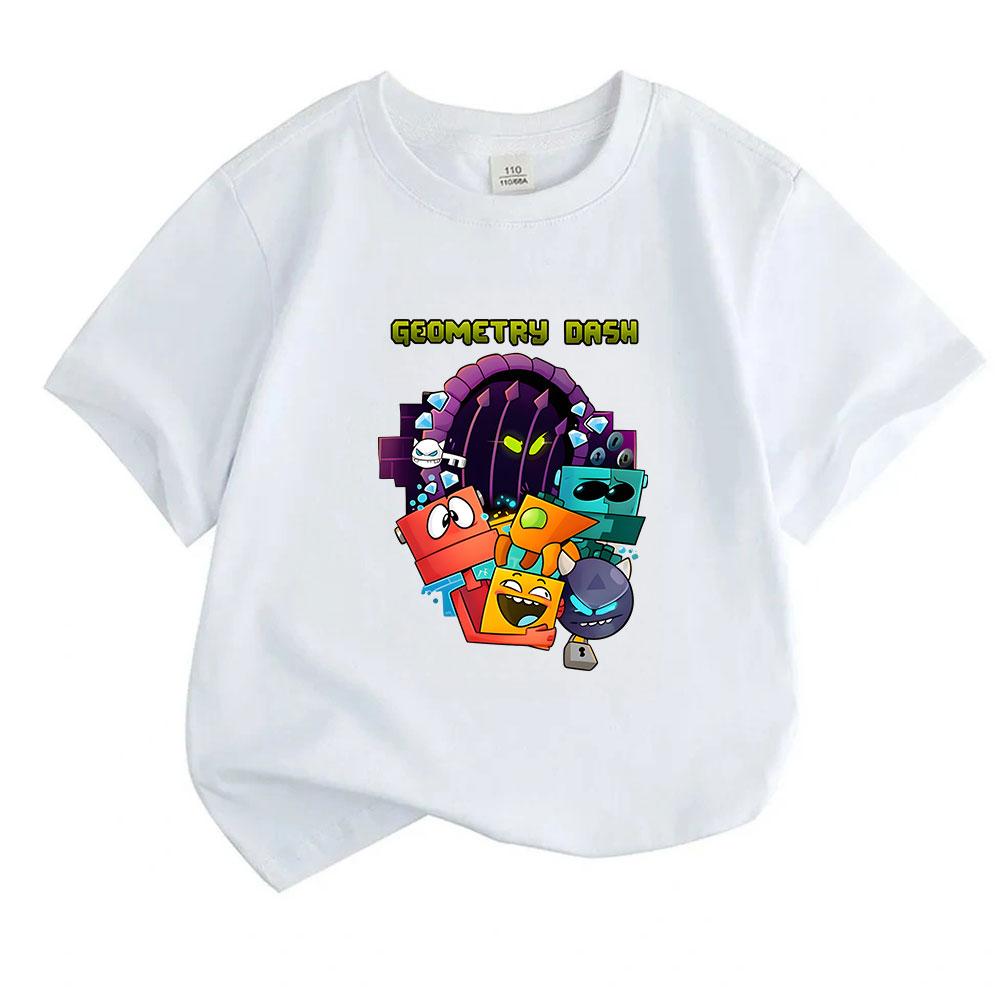 Kids Boys Girls Crew Neck Short Sleeve 100% Cotton T-Shirt, Cute Geometric Dash Cartoon Character Printed Casual Soft Breathable Summer Tops for Child