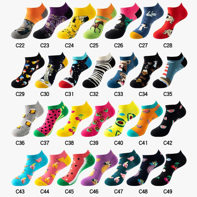 40 Style Fashion Colorful Short Socks Men Cotton Novelty Oil Painting Animals Food Avocado Casual Funny Ankle Sox