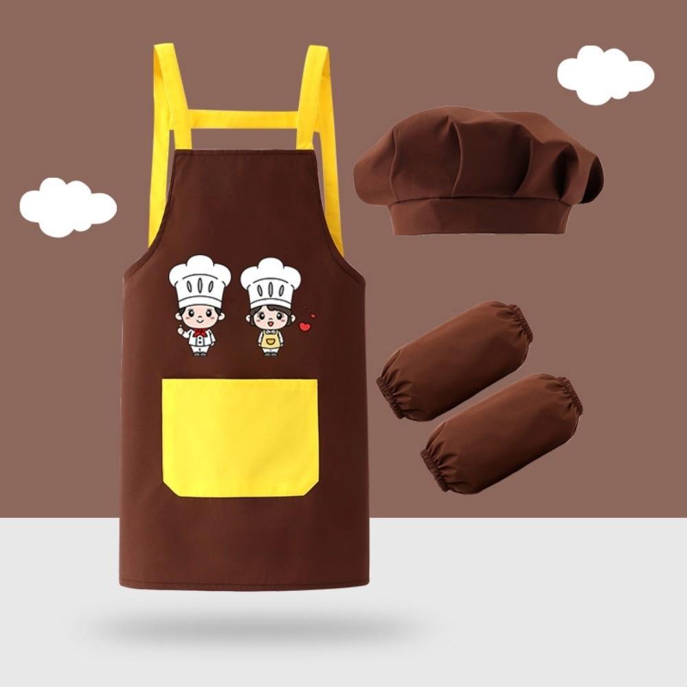 New Cartoon Kids Apron Arm Sleeve Hat Children's Bib Chef Cap Waterproof Chef's Uniform Baking