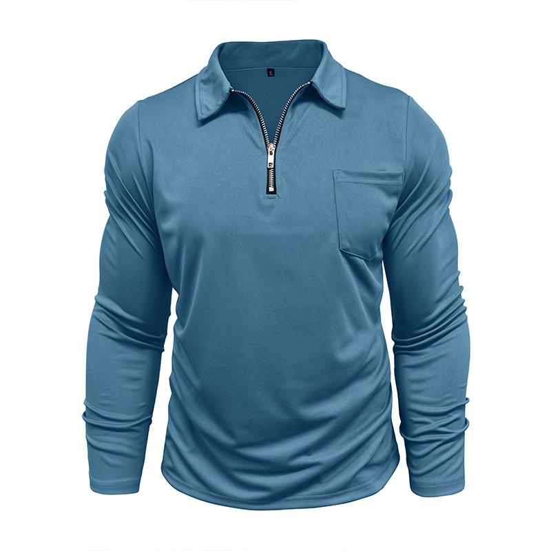 Men's Sports Polo Shirt Fashion Solid Colour Men's Long-Sleeved Zip-Up Collar Top