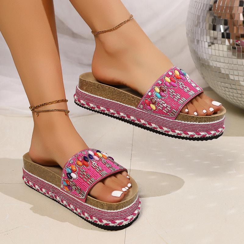 Large Size Muffin Thick-bottomed Cool Slippers Summer New European and American Colored Big Diamond One-word Slippers