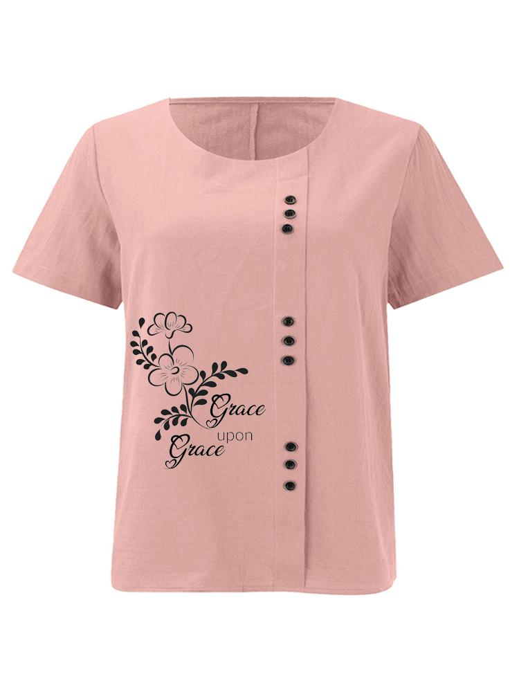 Women s Fashion Ladies  Letter Pattern Print Round Neck Short Sleeve T-shirt Summer Casual Cotton Linen Graphic Shirt Leisure Loose Blouse Tops S
