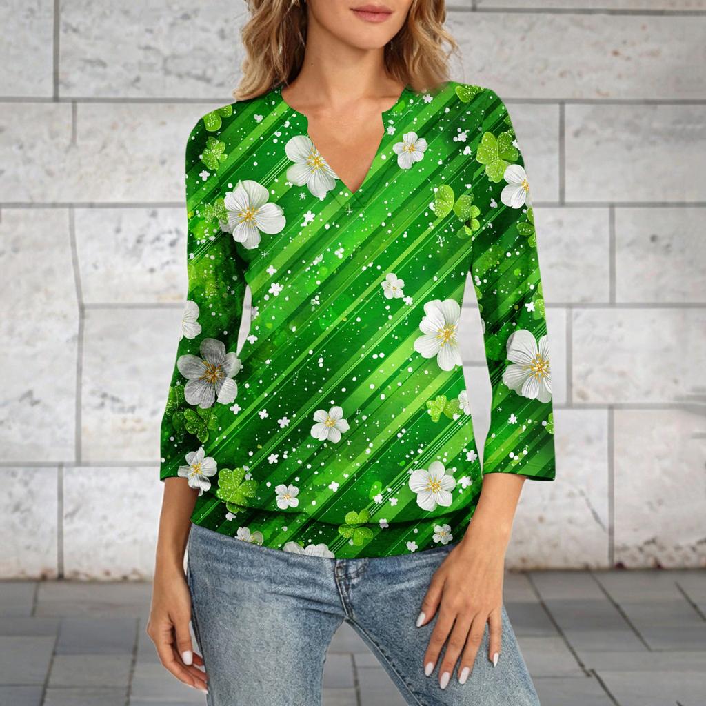 Women's 3/4 Sleeve Top With Cuffed Hem, V-Neck, Summer Casual -Shirt, St. Patrick's Day Printed Top