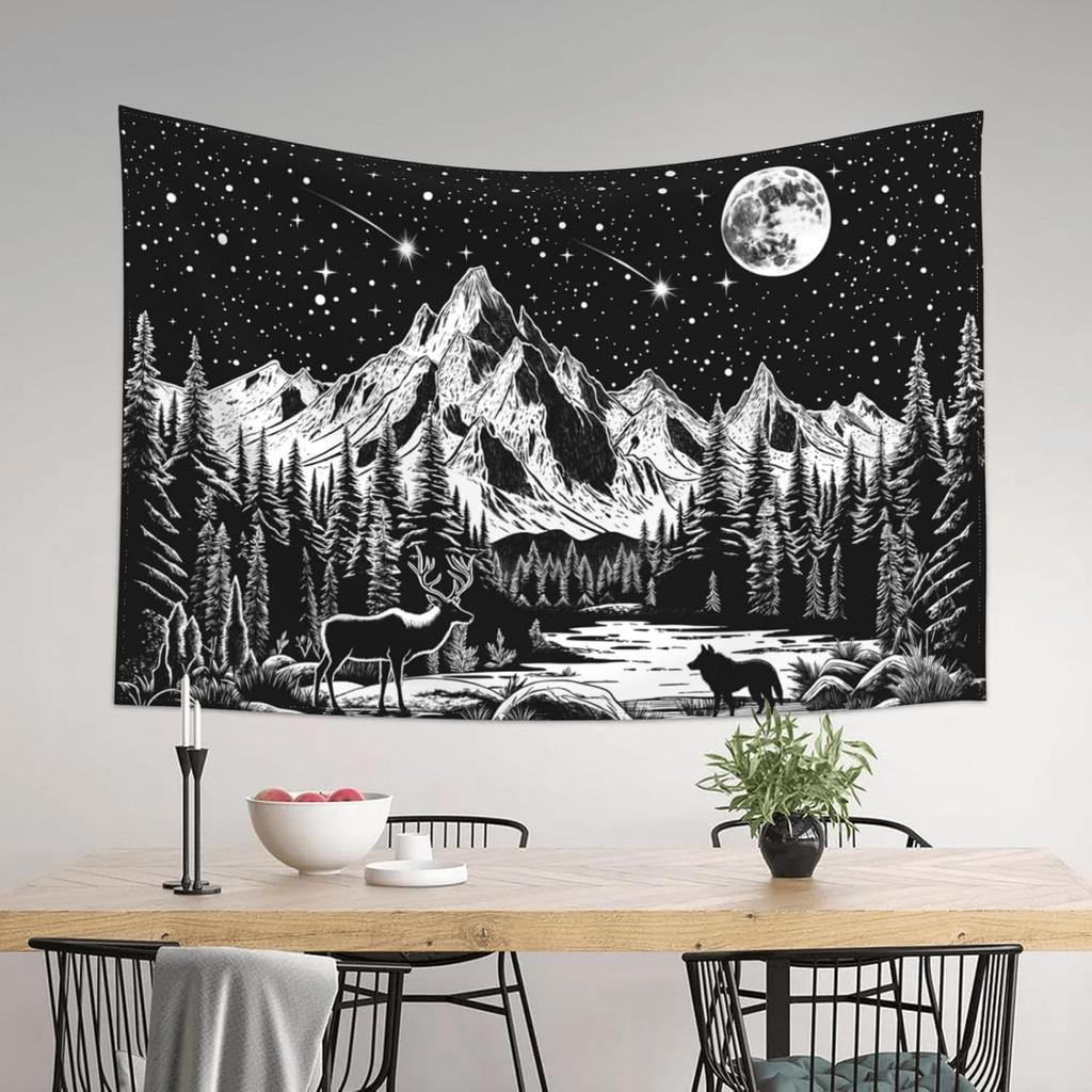 Black And White Tapestry Starry Night Mountain Tapestries For Bedroom Aesthetic Moon And Stars Tapastry'S Wall Hanging Dark
