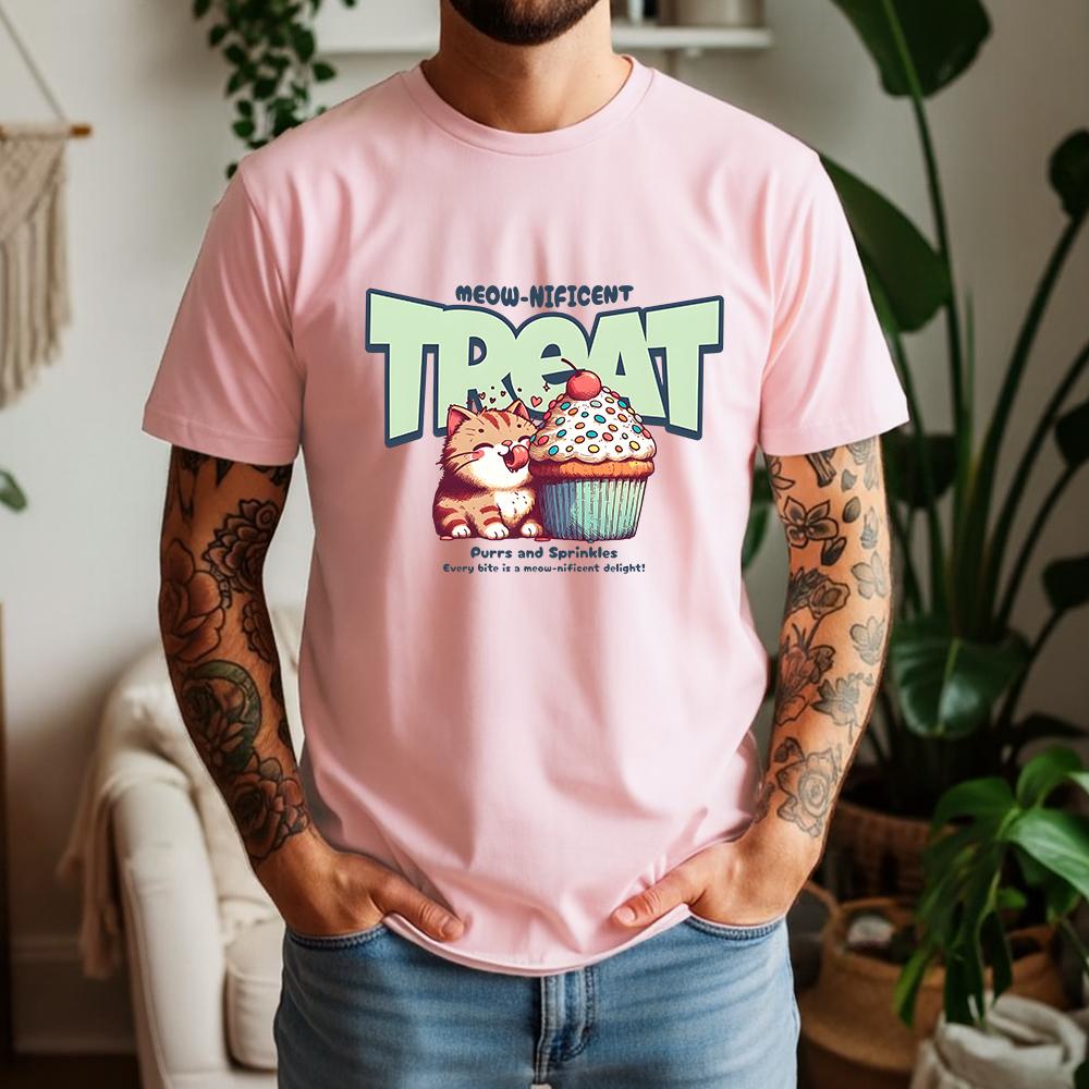New Summer Unisexs 100 Cotton TShirt Retro Cat With Cupcake Casual Breathable Short Sleeve Daily Wear