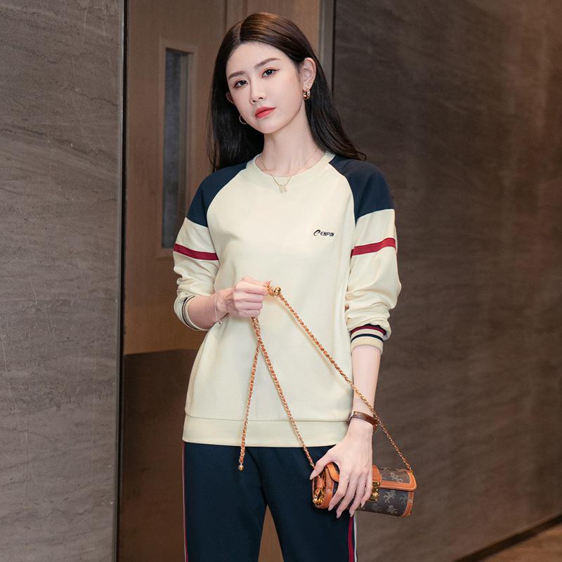 

Женский спортивный комплект пуловер с круглым вырезом в стиле колор-блок - Повседневная мода в корейском стиле для весны/осени XXXL