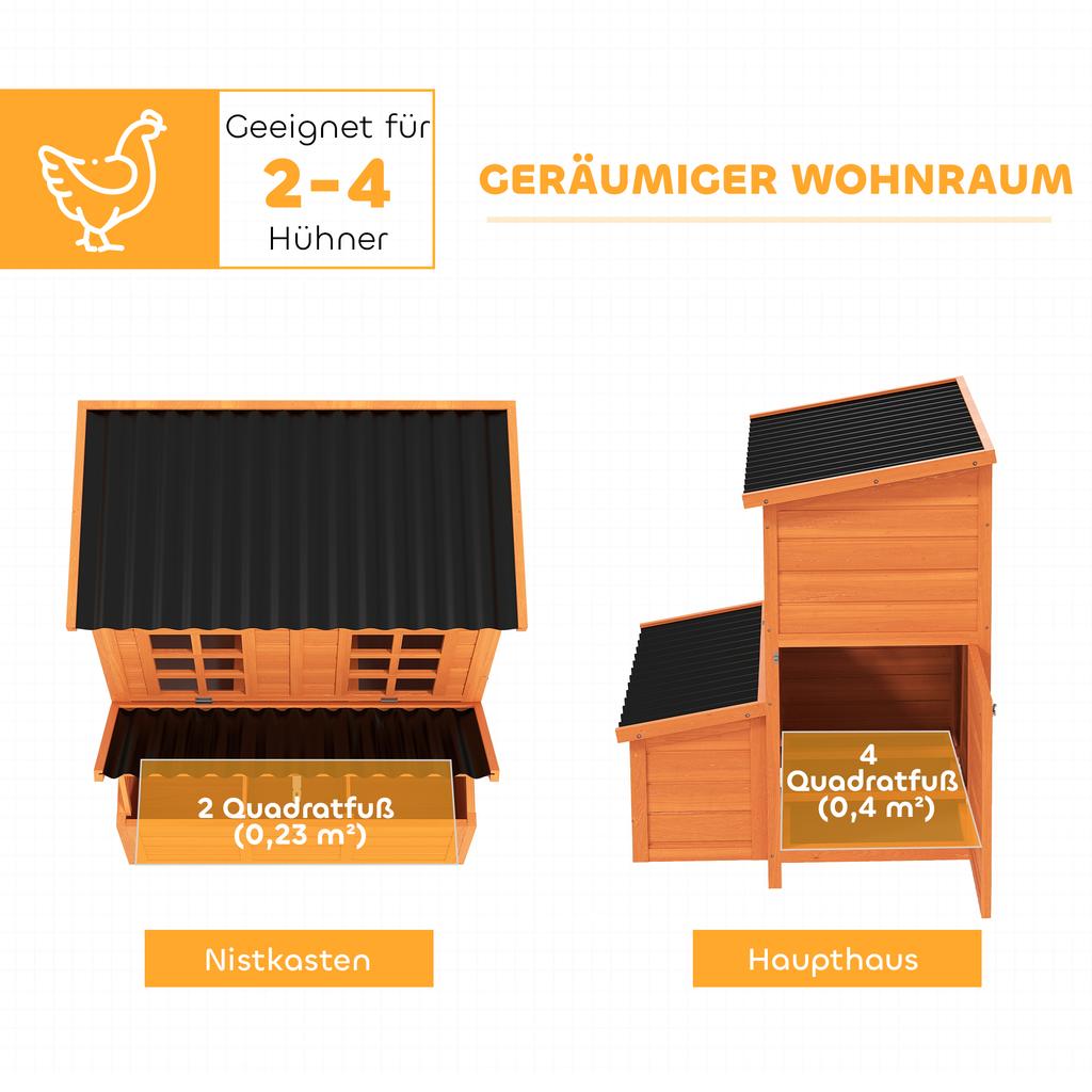 Hühnerstall mit Legenest für 3-4 Hühner, Wasserdichtes Dach, Tannenholz, Kunststoff, 100 x 86 x 100 cm, Orange