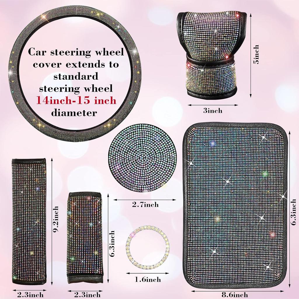 11 Pcs Bling Car Accessories Set,Bling Car Accessories Set For Women,Steering Wheel Cover For Women Universal Fit 15 Inch,Rhinestone Center Console