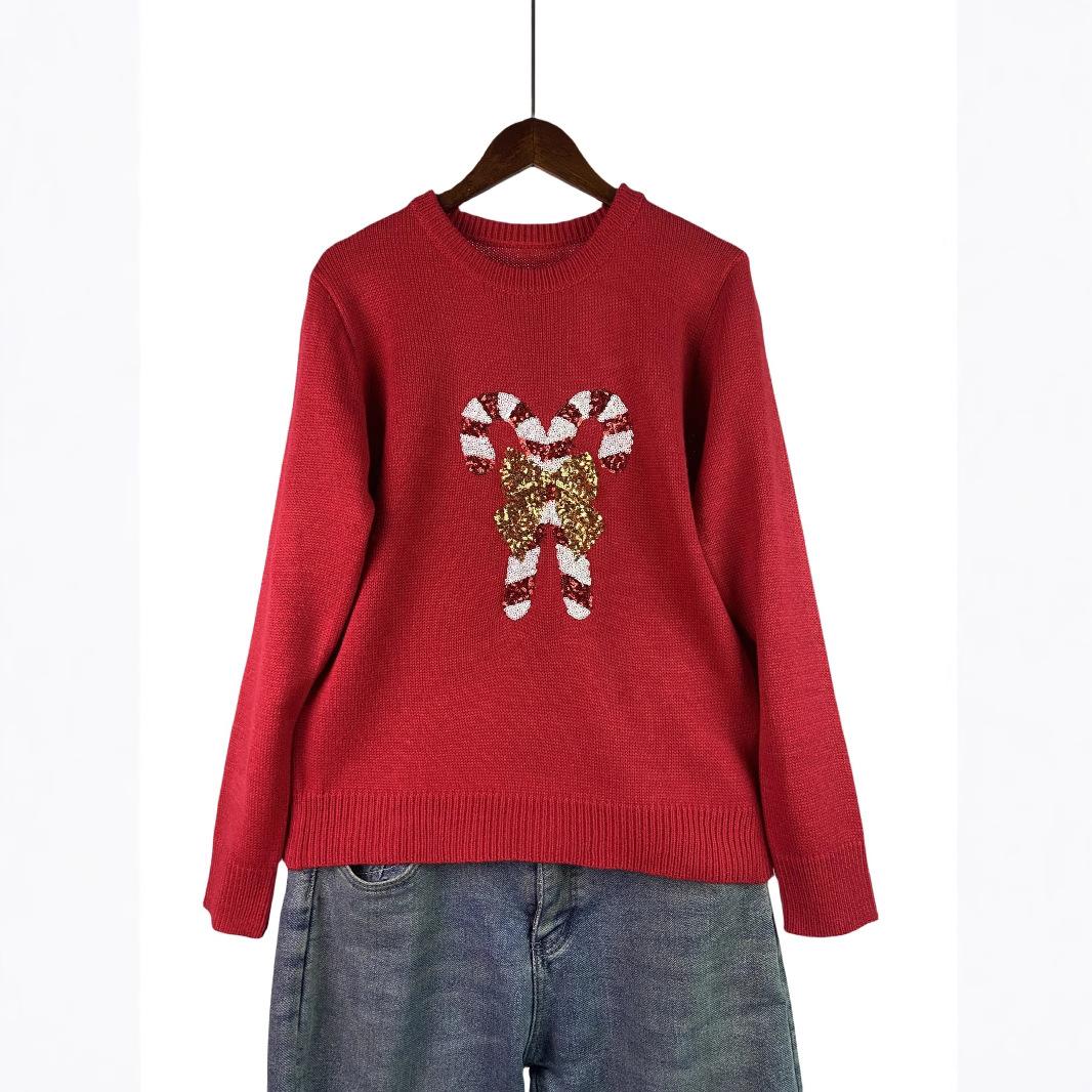 New Christmas cane bow sequined women s sweater autumn and winter crew neck long-sleeved knitted sweater fresh and sweet S