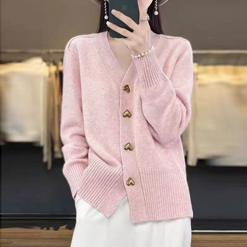 Women's clothing autumn and winter new solid color long-sleeved V-neck knitted cardigan love solid color sweater jacket women