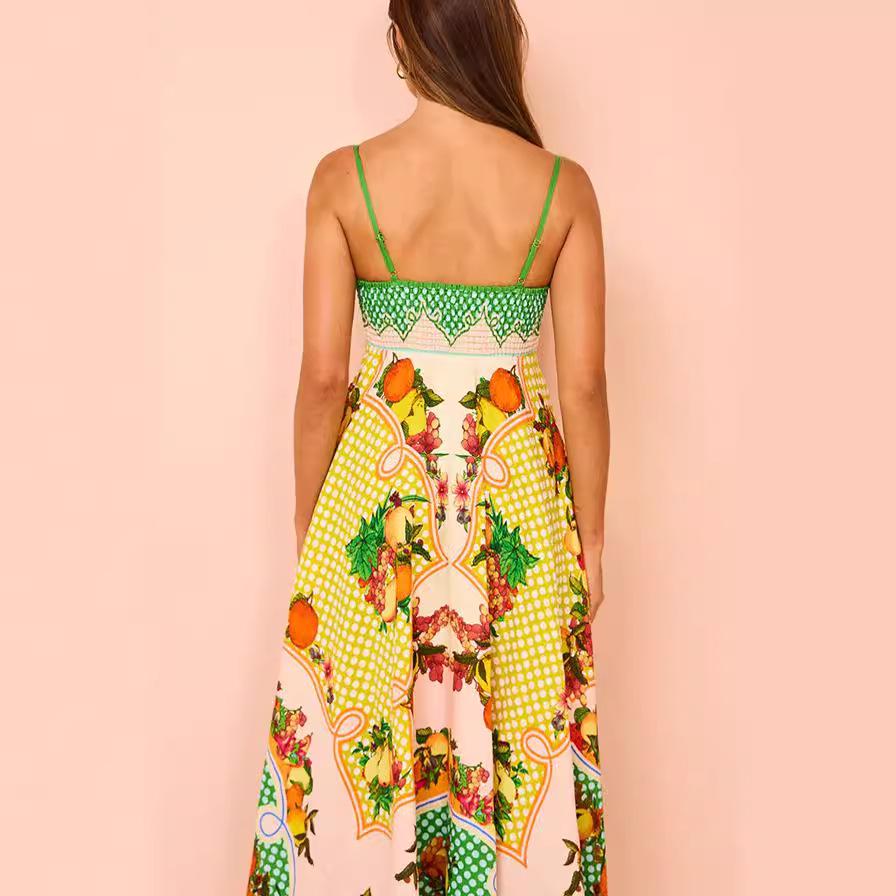 2025 European & American Women's Summer Sleeveless High-Waist Swing Dress with Sexy Suspender & Print Design