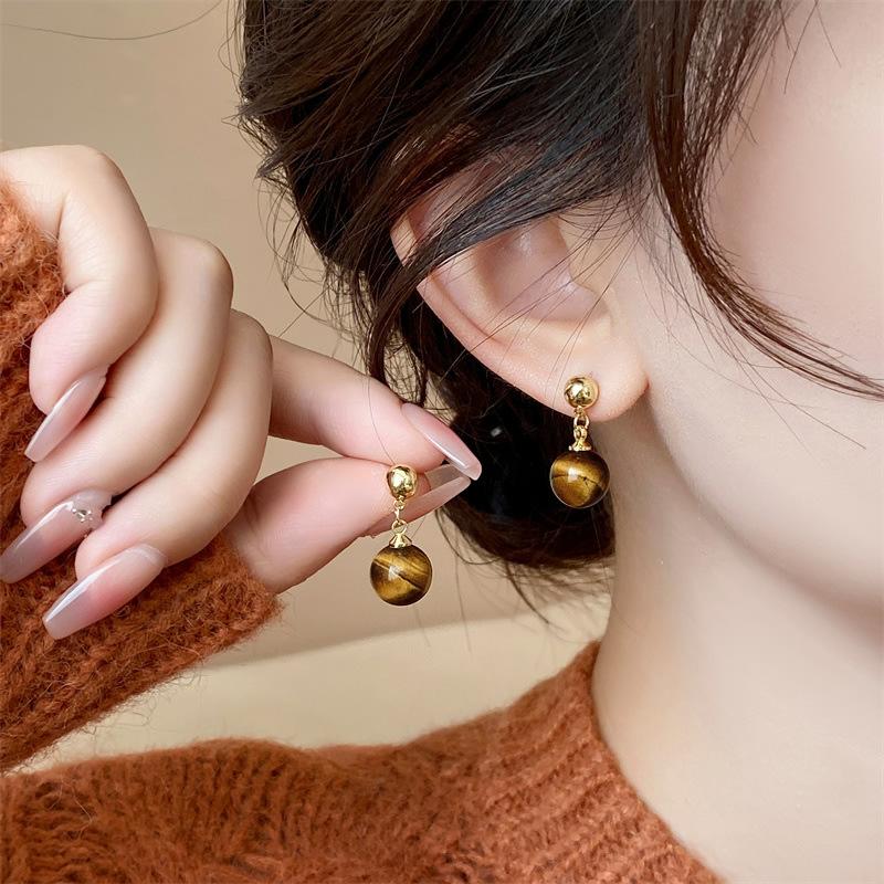 Серьги-пусеты ретро, геометрические, круглые, с тигровым глазом, покрытые настоящим 18-каратным золотом, простые серьги.