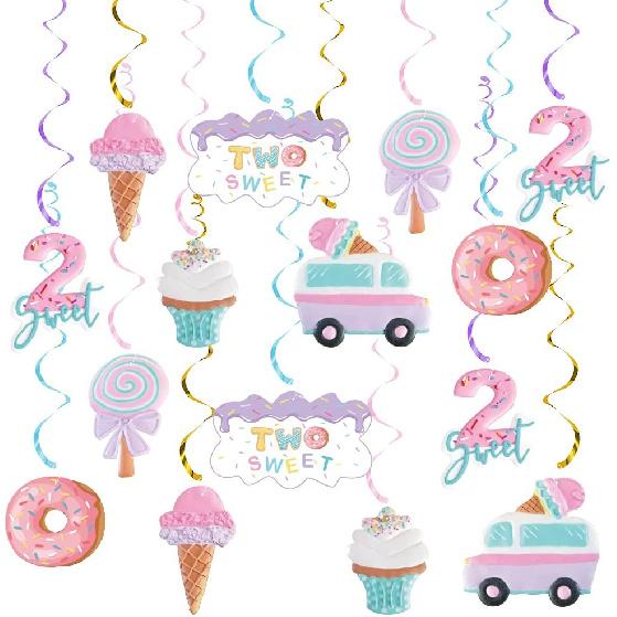 Pastel Ice Cream Two Sweet 2nd Birthday Party Supplies, Ice Cream Donut Party Hanging Swirls Decorations, Summer Ice Cream Party Hanging Streamers