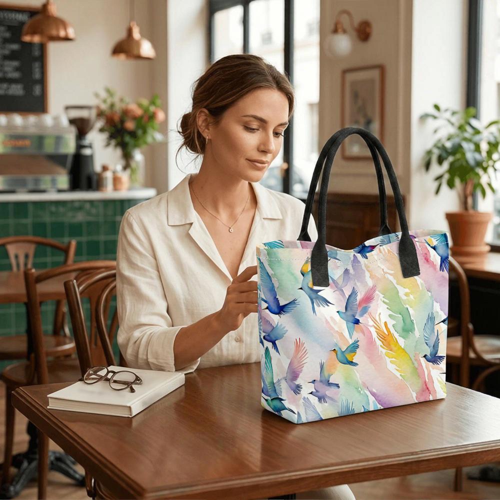 Watercolor Bird Print Tote Bag Large Capacity Casual Handbag for Daily Use