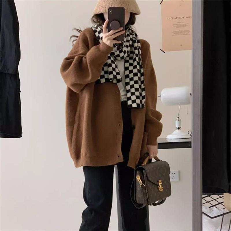 Autumn Winter Solid Color Loose Casual Cardigan Knitting Coat Women V-neck All-match Pocket Outwear Top