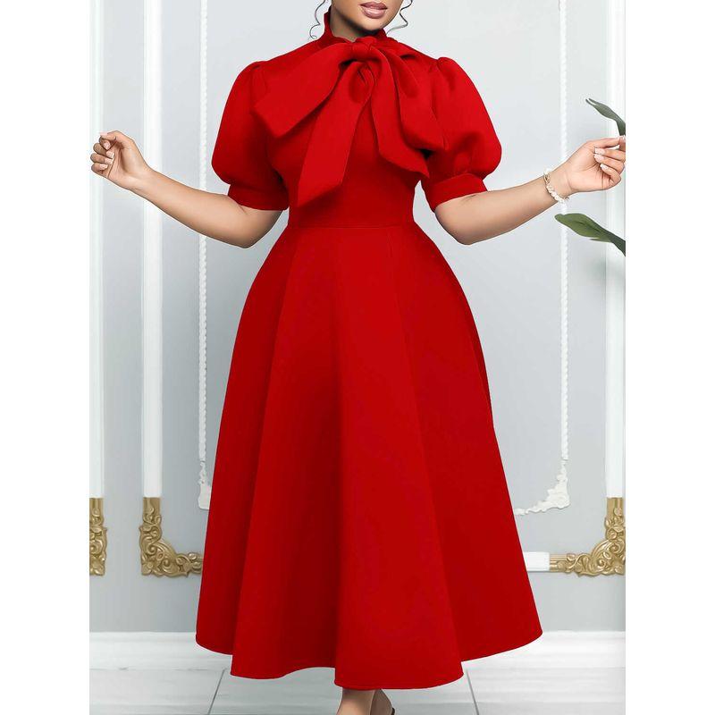 Temperament Long Dress Short sleeve Lace-up Bow Puffy Banquet Formal Dress European and American Dress