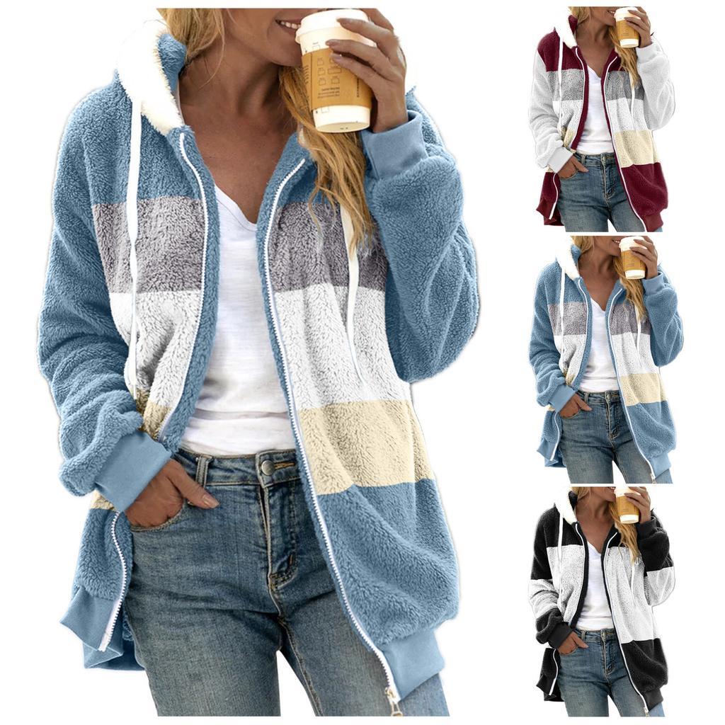 Women Color Block Fuzzy Fleece Hooded Jacket Full Zip Long Sleeve Plush Coat Casual Warm Outerwear S-5XL