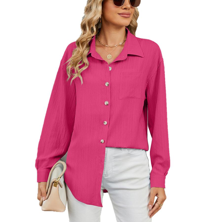New Women's Casual Loose Long Sleeve Crew Neck Button Solid Color Shirt