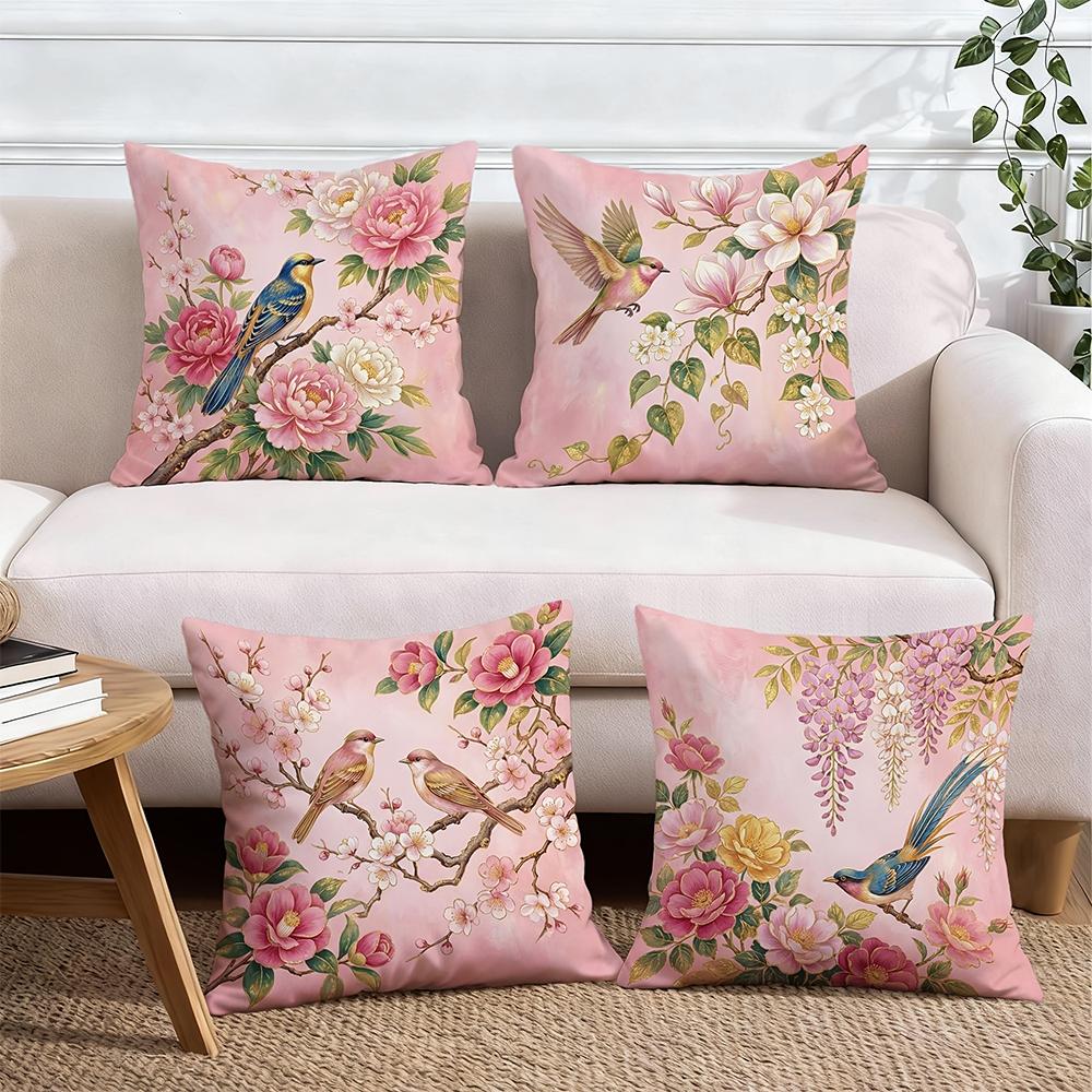 1/4pcs 2D Flat- Chinoiserie Pink Floral & Songbird Throw Pillow Covers Home farmhouse outdoor decoration cushion cover