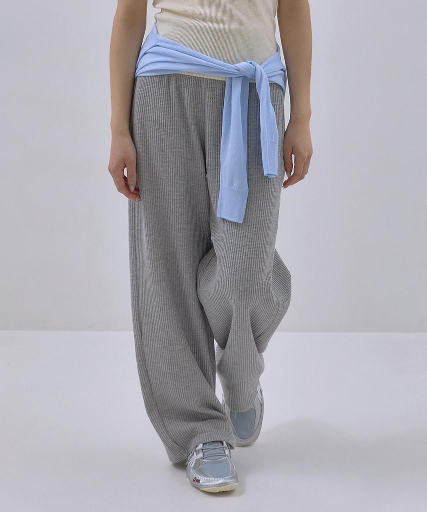 Sayu Soft Waffle Curved Elastic Waist Pants Melange Gray