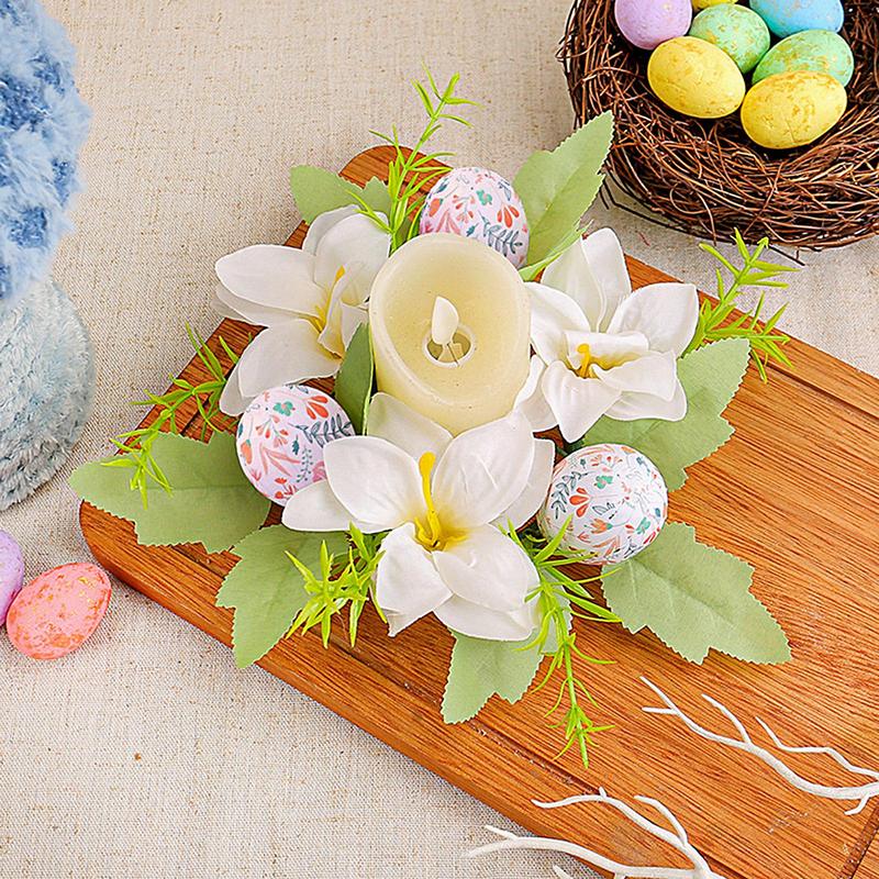 Easter Candle Ring Wreath Egg Candle Holder Ornaments Living Room Dining Table Artificial Flower Candle Wreath Atmosphere Decor