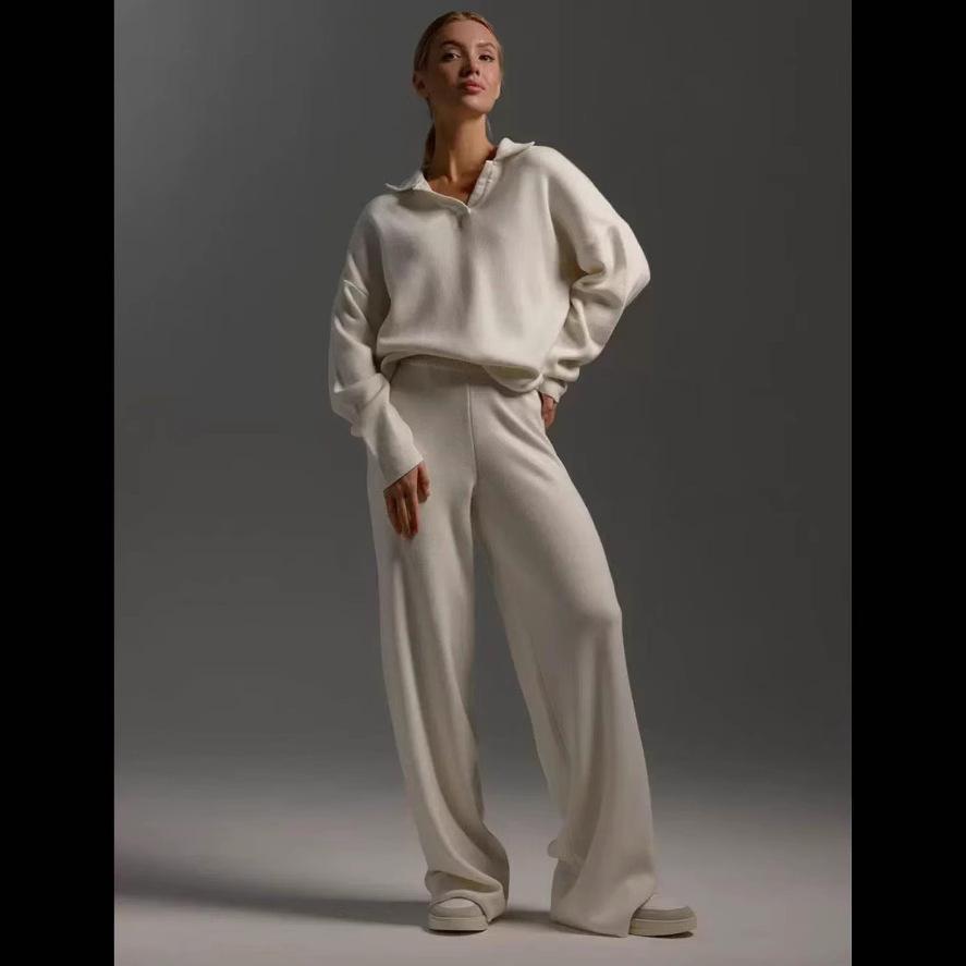 

2024 Cross-Border Knit Set: Polo Collar Pullover & Wide-Leg Pants - Autumn/Winter Edition L білий/слонова кістка