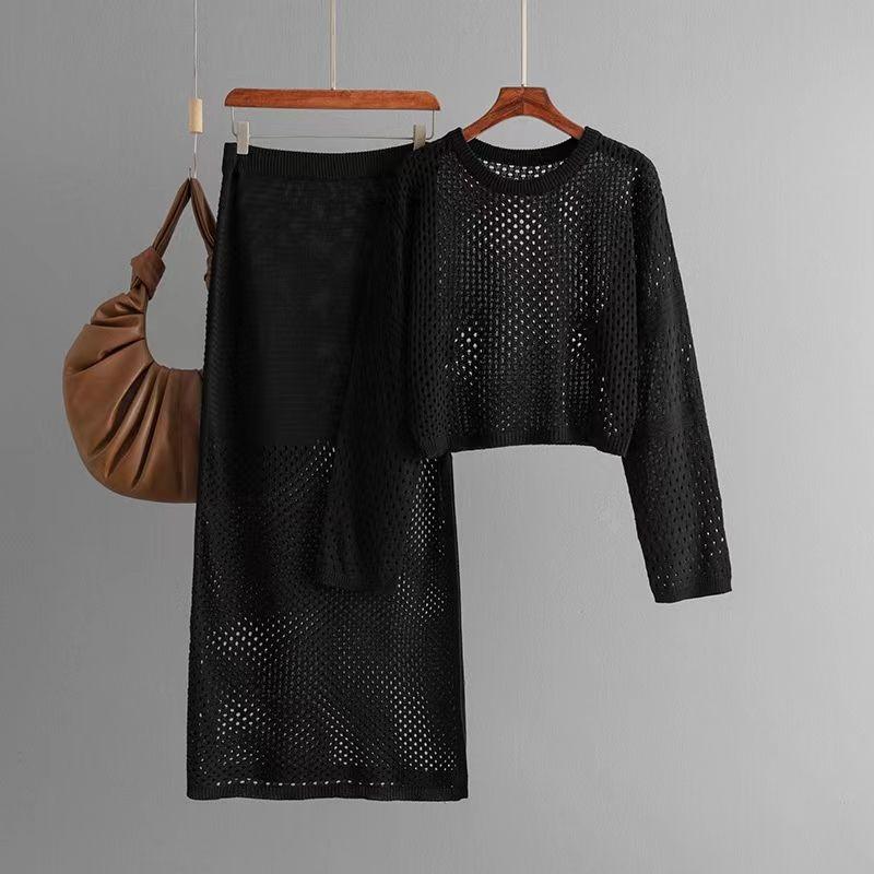 

European and American Summer Hollow Knit Skirt Two-piece Set Hollow Knit Top and Skirt Set Black All yards