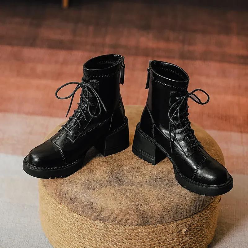Fashion Women's Platform High Heel 2025 Autumn and Winter New Thick Heel Lace-up I British Style Short Boots Brown Single Boots