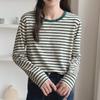 Women's Spring 2025 Green Striped Long-Sleeve Round Neck T-Shirt: Loose-Fit, Slim-Style, Commuting Top