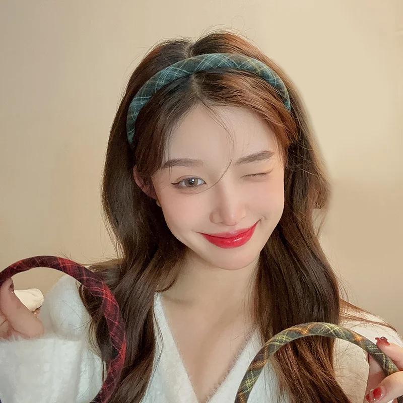 French Retro Sponge Headband Women College Style Plaid Hair Band Elegant Temperament Hoop Hairband Girls Hair Accessories