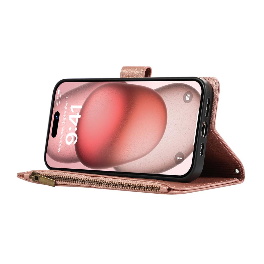 Für iPhone 15 Pro Max Hülle Mehrere Kartenfächer Reißverschluss Leder Handyhülle mit Handschlaufe