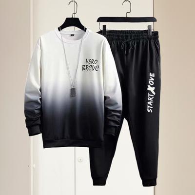 2 Pièces/Ensemble Homme Haut Pantalon Costume Couleur Dégradé Contrastée Manches Longues Col Rond Coupe Ample Taille Élastique Cheville Bordée Hip Hop Sport Survêtement Automne Printemps Haut