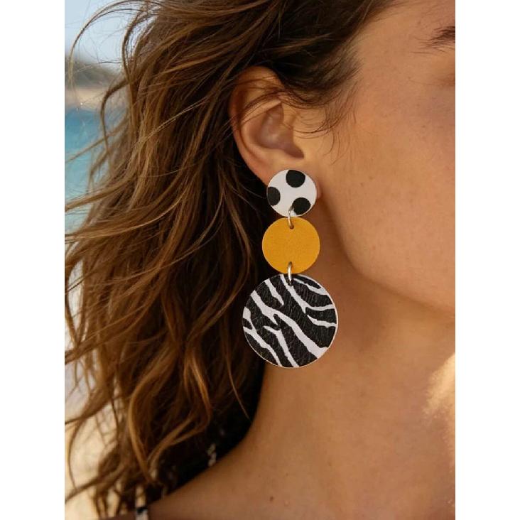 1 Pair European & American Retro Zebra Print Polka Dot Mustard Yellow Color Block Round PU Leather Earrings