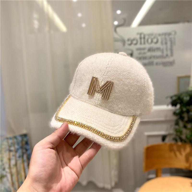 Hat Autumn and Winter, Suitable for Round Face Plush Rhinestone Baseball Cap Ins Trendy Brand Face Small Versatile Cap