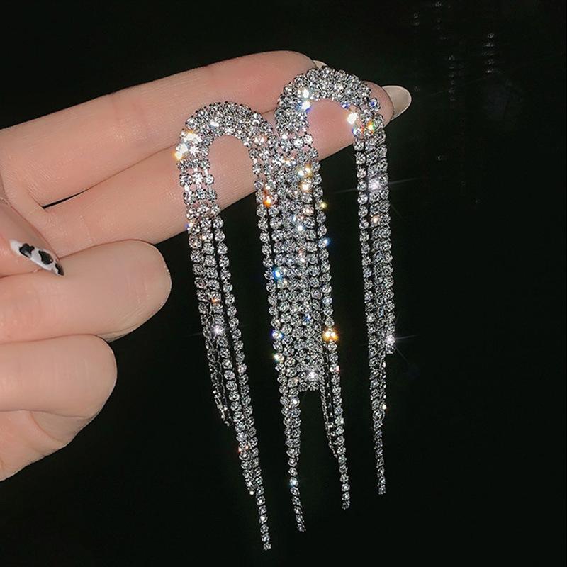 

2 Изогнутые женские серьги-подвески, Элегантные серьги с длинной кисточкой из страз, Великолепный циркон, Подарок на свидание-4019