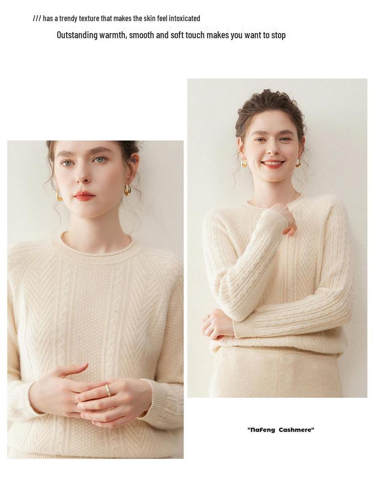 Women's Cashmere Raglan Cable Knit Sweater - 7-Gauge Double-Strand, Round Neck, Rolled Edge, Extra-Thick, Long-Sleeve Pullover.