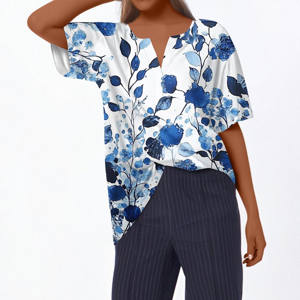 Women's T Shirt Tee Print Button Short Sleeve Daily Weekend Fashion Basic V- Neck Regular Top