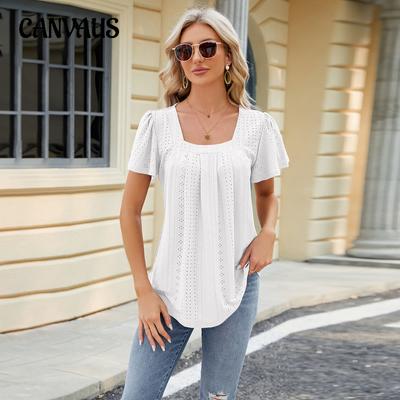 Zomer dames T-shirt geplooid hol jacquard jacquard met korte mouwen en zwaluwstaart T-shirt