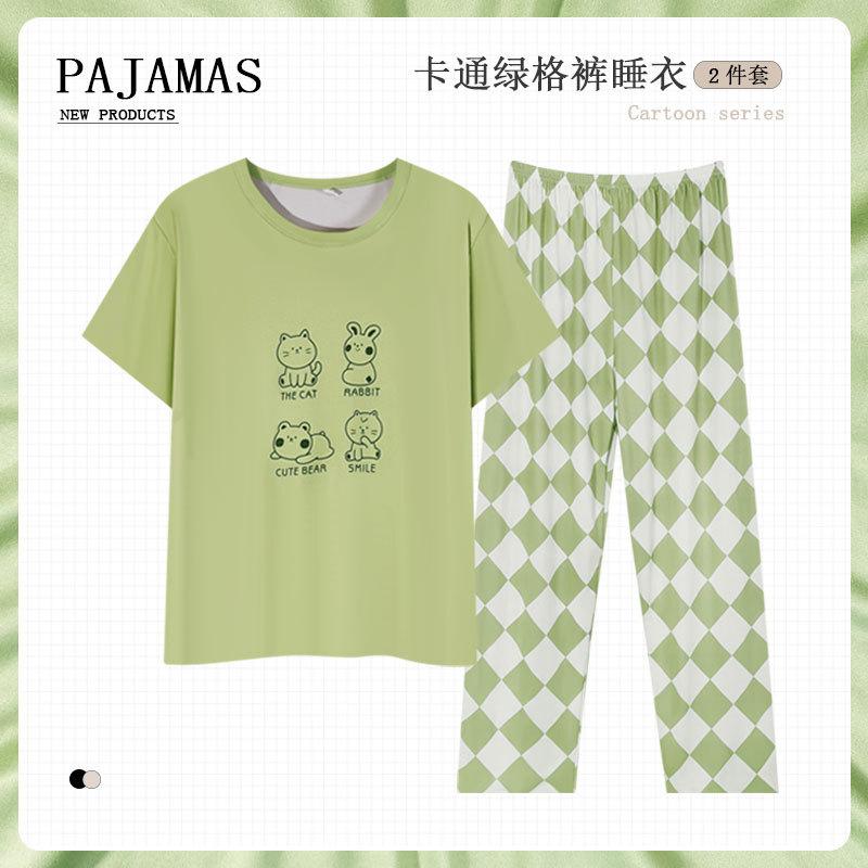Summer short-sleeved fresh plaid pants simple casual pajamas women's breathable loose loungewear set