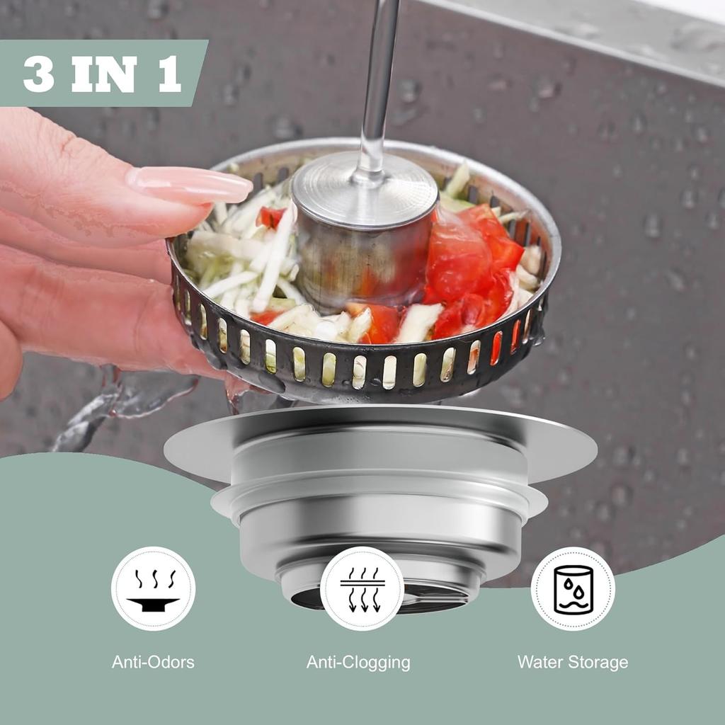 Kitchen Sink Drain Strainer 3 in 1, 304 Stainless Steel Pop Up Sink Stopper, Anti-Clogging Sink Stopper Kitchen Drain, Kitchen Drain Catcher, Kitchen