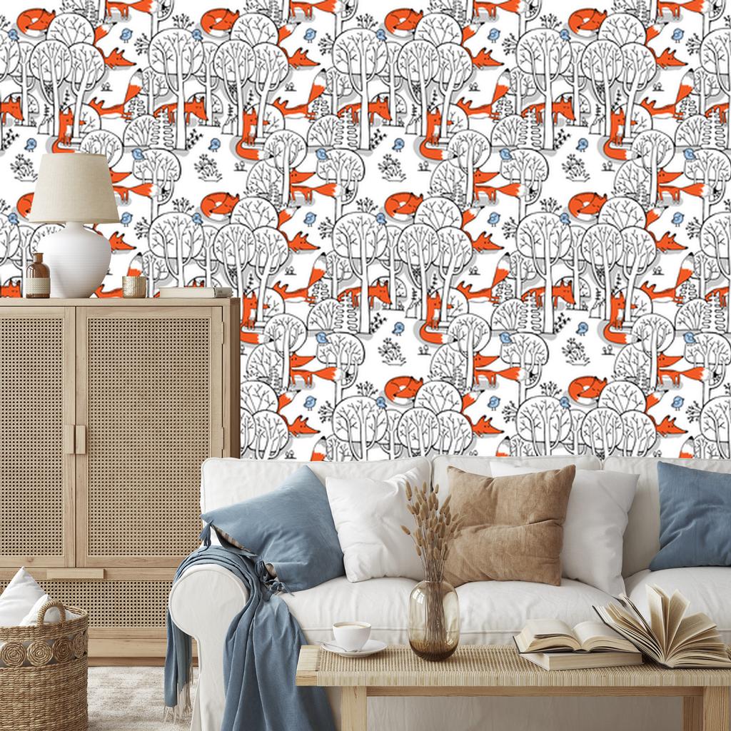 Smiling foxes in the forest wallpaper for living room and bedroom 50x1000