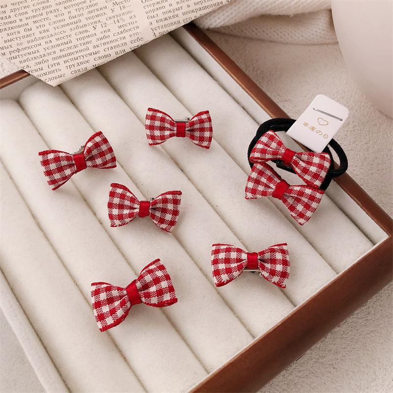 Red Plaid Bow Hair Clip & Tie Set - Gentle on Hair, Cute Jewelry
