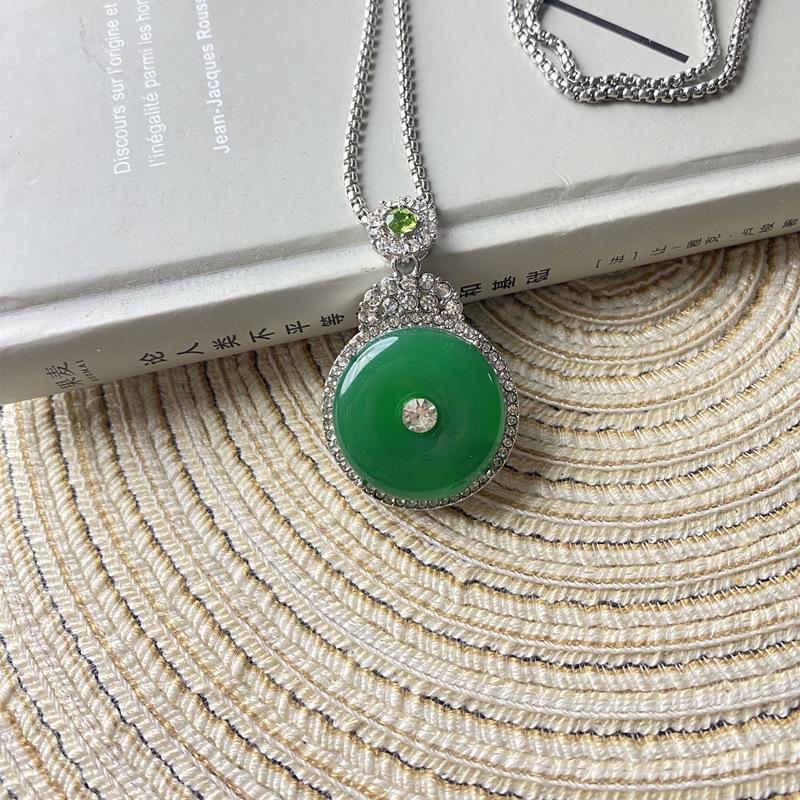 Imitation Jade Green Pendant Necklace with Diamond Accents and Stainless Steel Chain