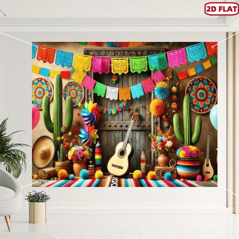 Plan 2D une pièce présentant un fond en tissu du carnaval mexicain chapeau à larges bords et décorations de fête piñata
