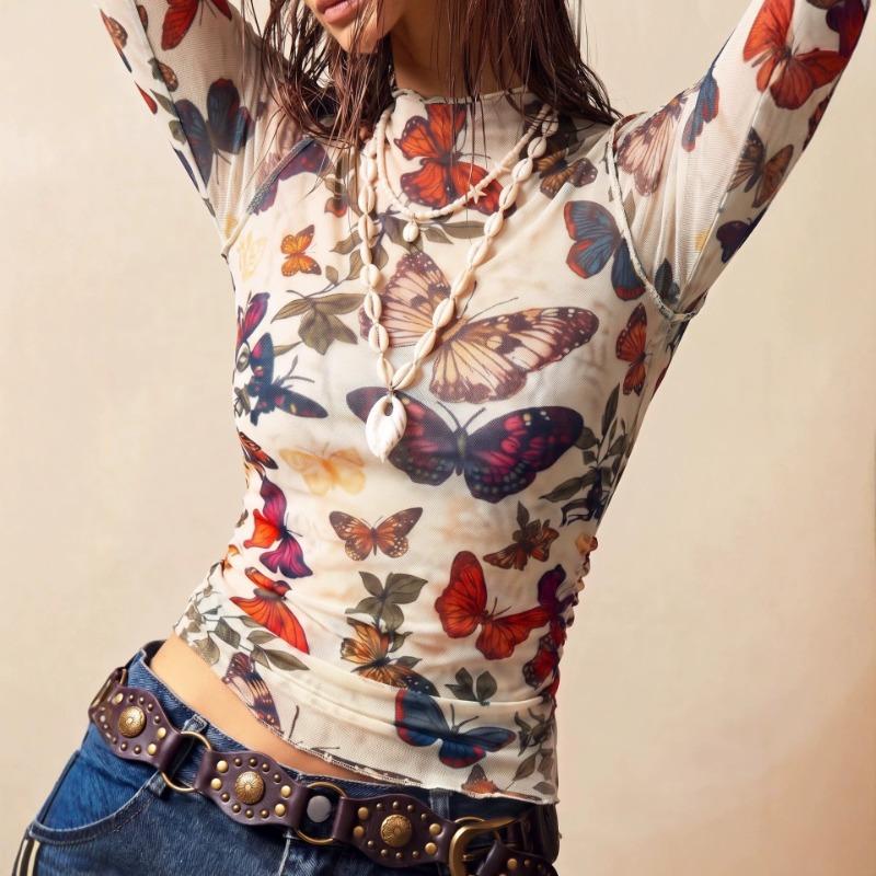 Butterfly Printed Mesh Mock Neck Side Pleated Fitted Women Long Sleeve Base Top