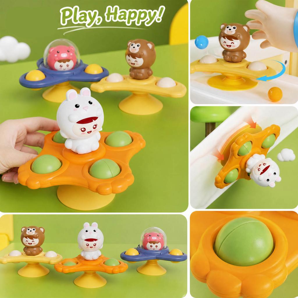 Suction Cup Spinning Toy Set for Toddlers - Finger Toys - 3-Pack Early Educational Animal Spinners (, )