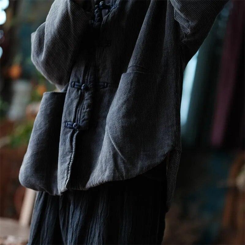 Johnature Dámské Vintage pruhovaný stojánek Parky Button Plus Bavlna Patchwork Kapsy Kabáty Zimní Dlouhý rukáv Teplé Parky
