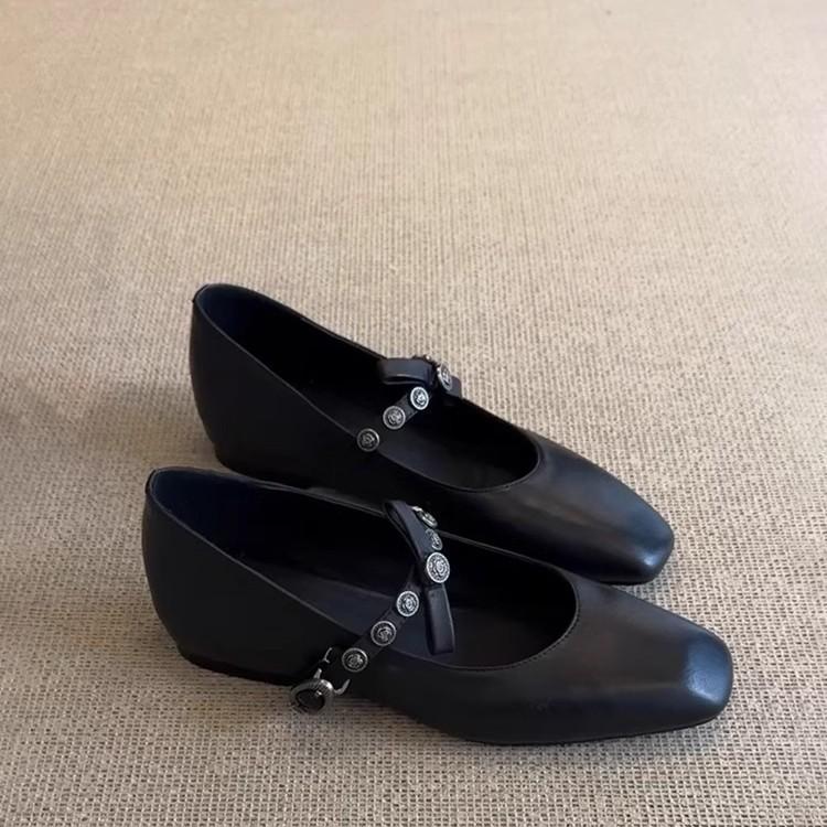 Super Soft Lambskin French Single Shoes Women's Flat Bow Light Mouth Ballet Shoes Small Square Head Retro Mary Jane Shoes